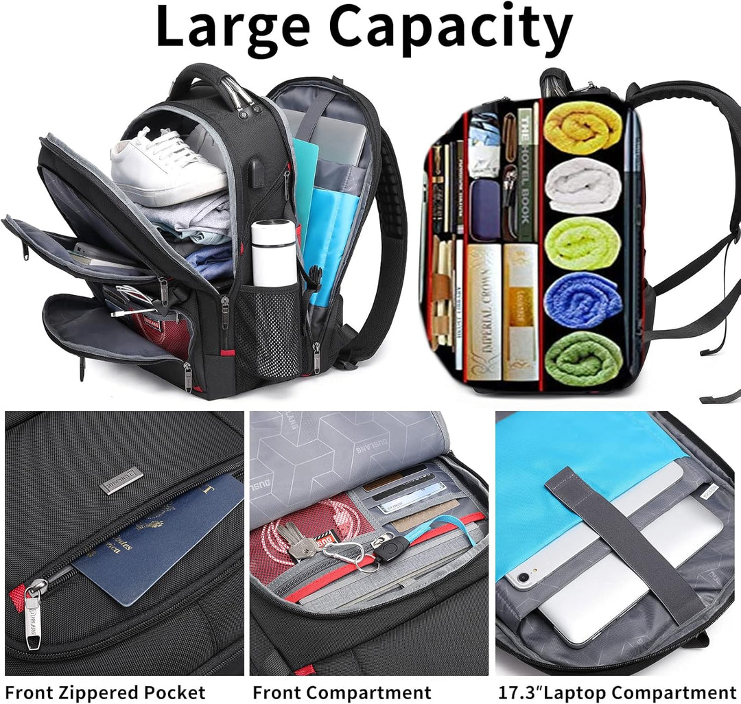Durable unisex 50L water-resistant travel backpack, airport friendly, with USB port for seamless charging.