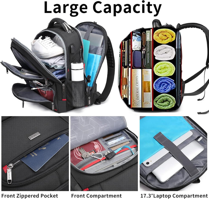 Durable unisex 50L water-resistant travel backpack, airport friendly, with USB port for seamless charging.