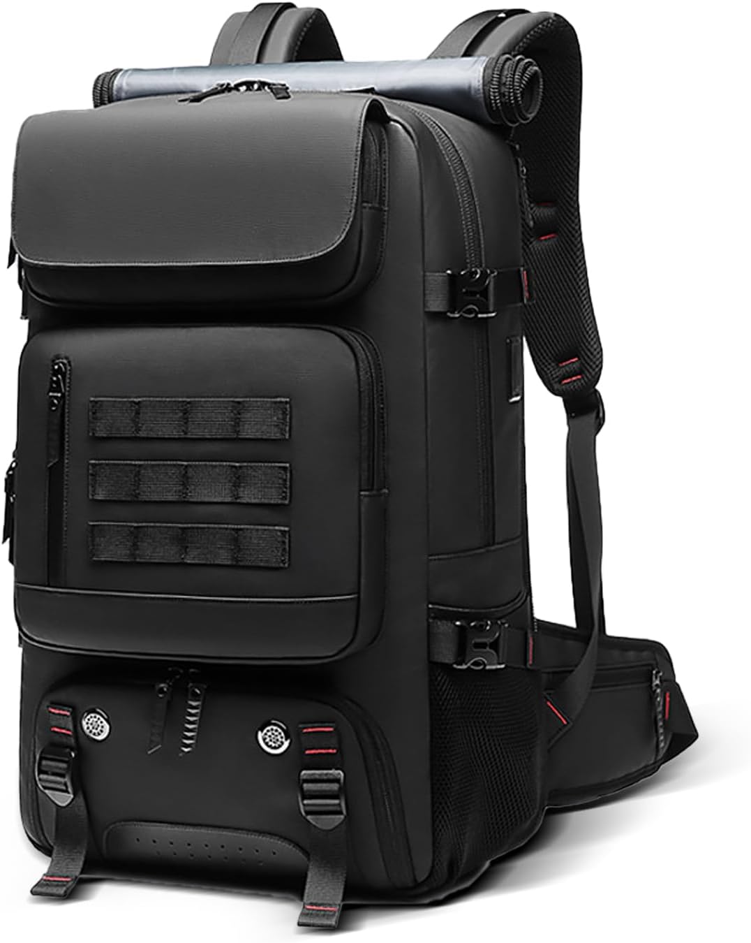 Unisex 50L waterproof travel backpack with shoe compartment & USB port for outdoor adventures & weekend trips.