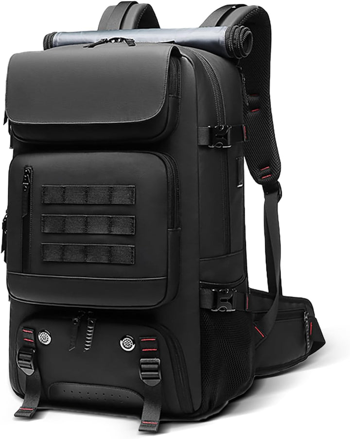 Unisex 50L waterproof travel backpack with shoe compartment & USB port for outdoor adventures & weekend trips.