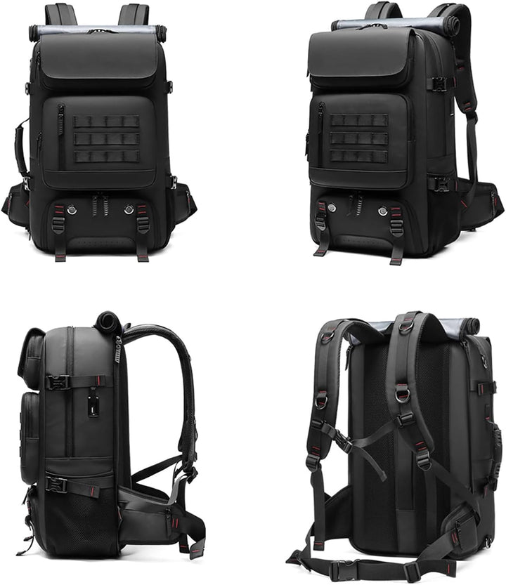 Large 50L unisex travel backpack, waterproof, ideal for weekender trips, hiking, with a dedicated shoe compartment.