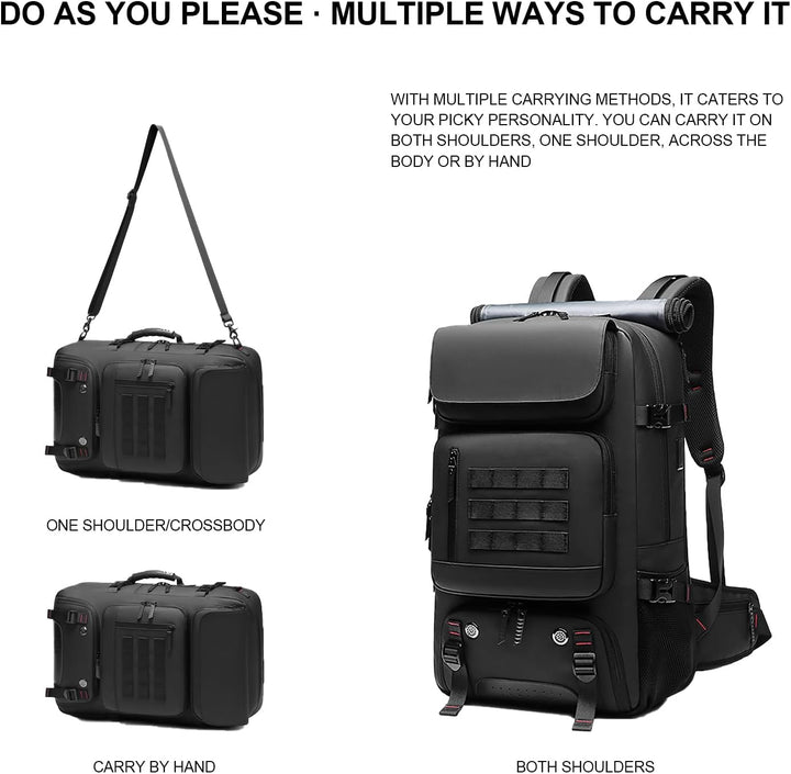 Waterproof 50L travel backpack with integrated USB charging port & laptop sleeve for men & women's outdoor gear.