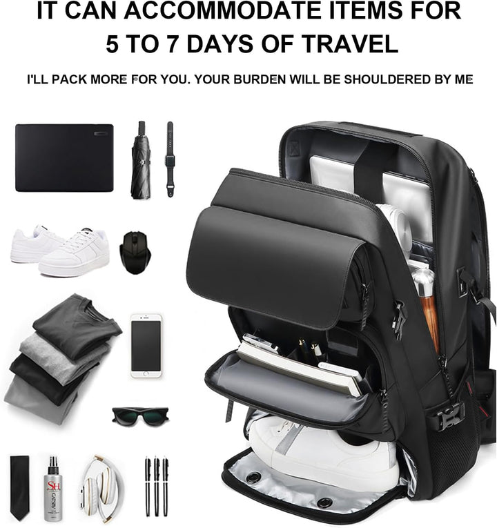 Durable, waterproof 50L unisex travel backpack, perfect for outdoor adventures, with shoe and USB port functionality.