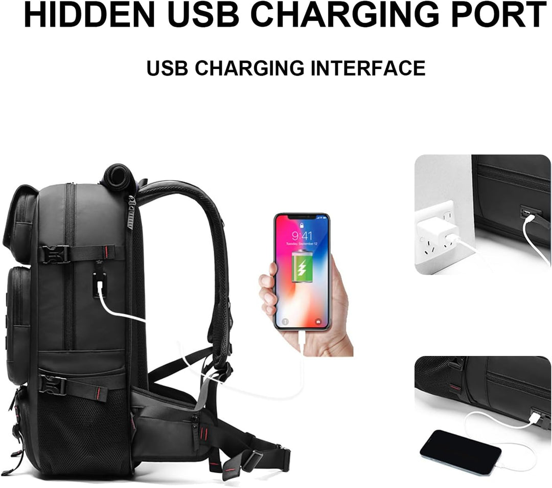 Spacious 50L waterproof travel backpack for travelers, featuring a shoe compartment, laptop sleeve & USB charging.