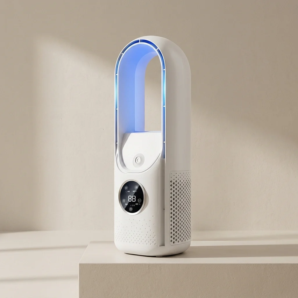 Unisex 6-speed bladeless personal air cooler with humidifier, perfect for quiet desktop cooling in home or office.
