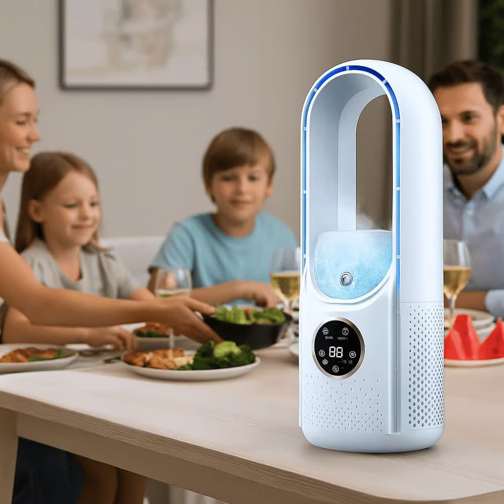 Portable USB-powered bladeless personal fan and humidifier, offering quiet 6-speed cooling for any space.