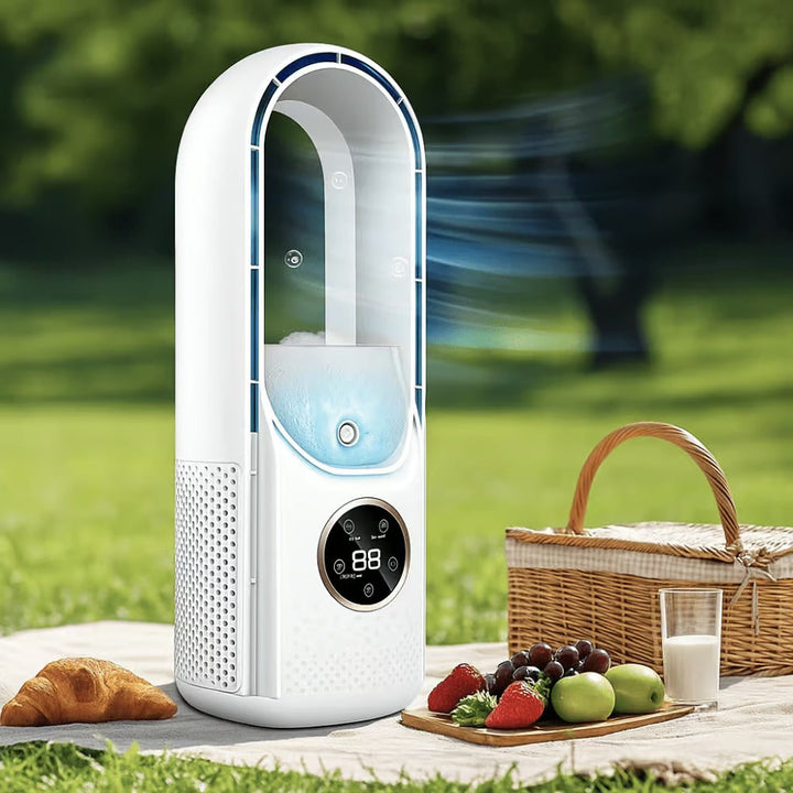 Sleek bladeless personal air cooler with integrated humidifier, providing comfortable, quiet 6-speed air.