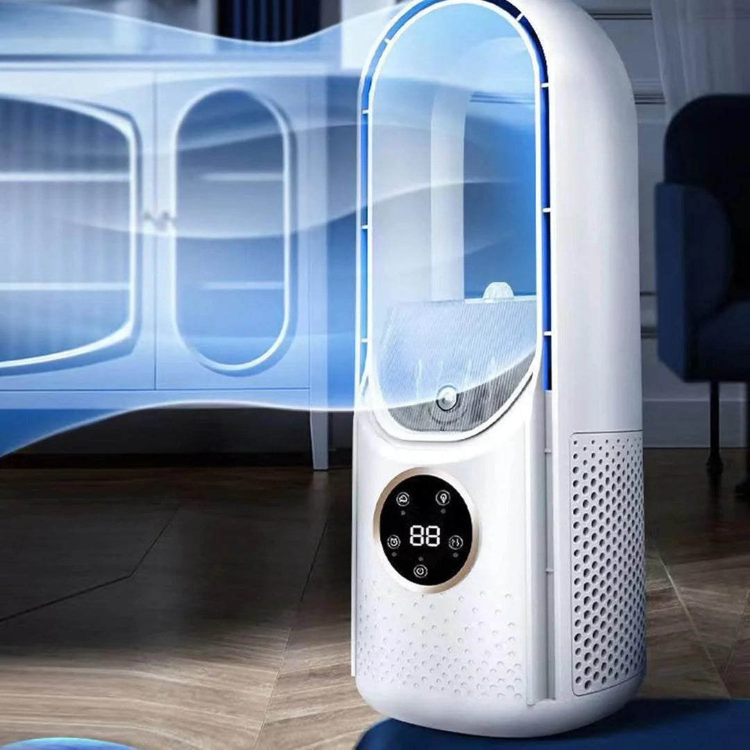 Compact desktop personal air cooler with humidifier, 6-speed bladeless design for quiet home office comfort.
