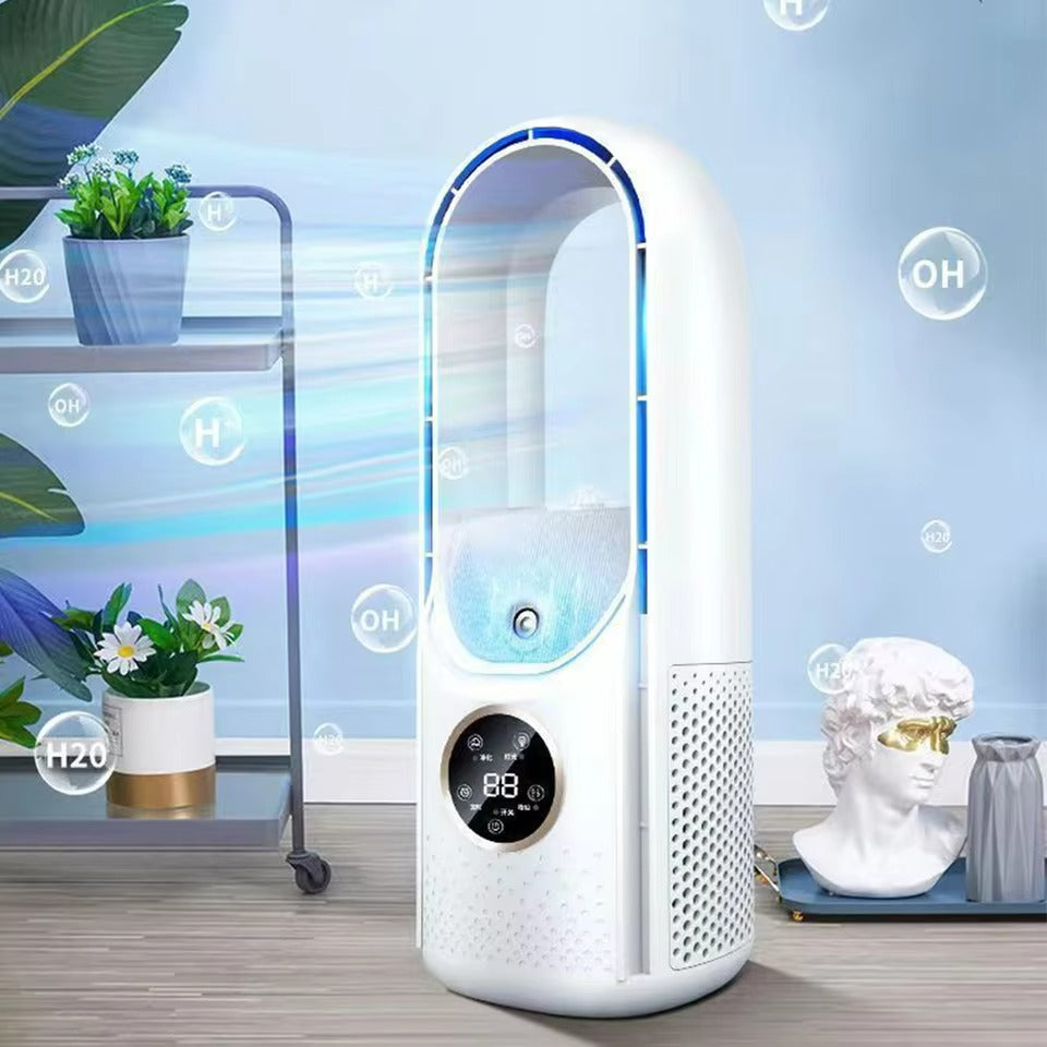 Efficient 6-speed bladeless personal air cooler & humidifier, ensures quiet, refreshing air for personal comfort.