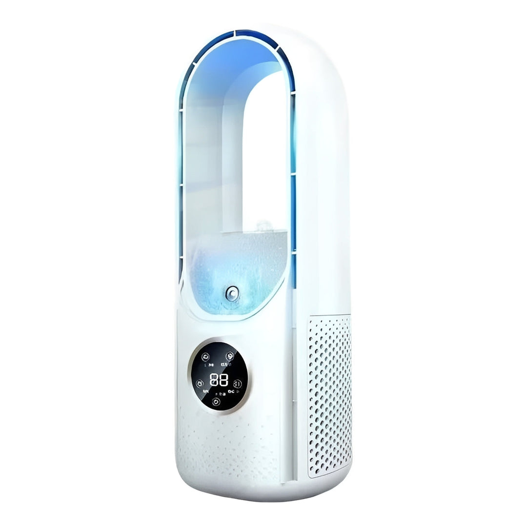 Unisex 6-speed personal air cooler & fan with humidifier, quiet bladeless design for desktop or portable use.
