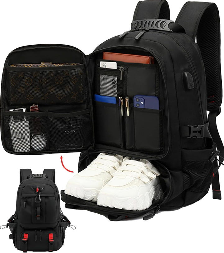 Unisex 60L waterproof travel laptop backpack with USB charging port & separate shoe compartment for organized packing.