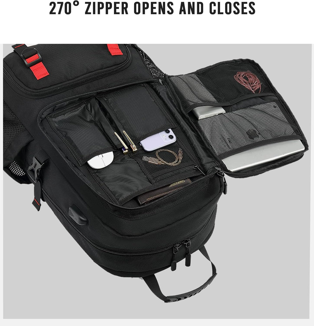 Durable 60L unisex backpack. Features padded laptop sleeve, waterproof material, and separate shoe compartment for travelers.