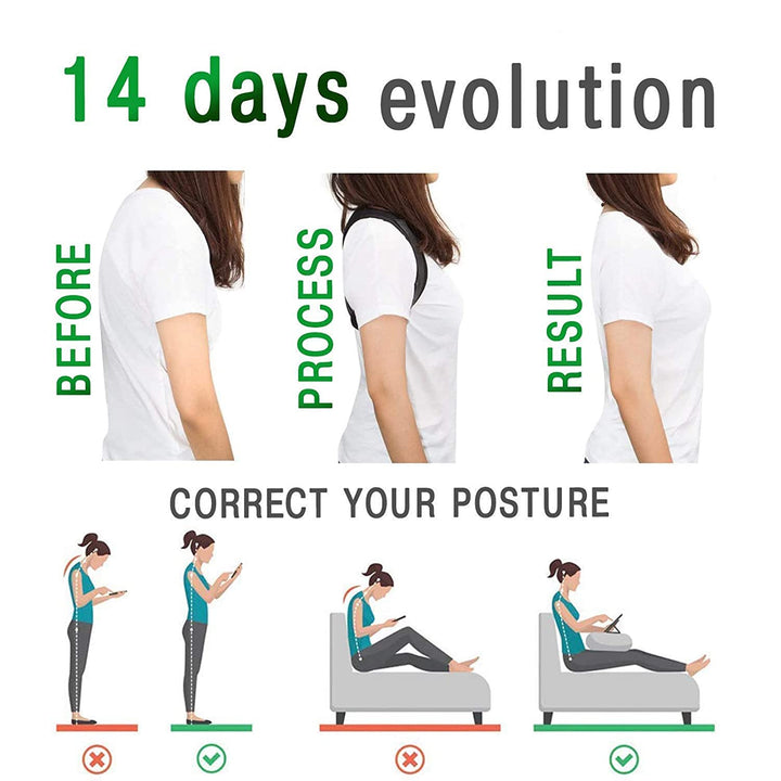 "Unisex adjustable back brace posture corrector, sleek black neoprene, ideal for men and women, promotes better posture."