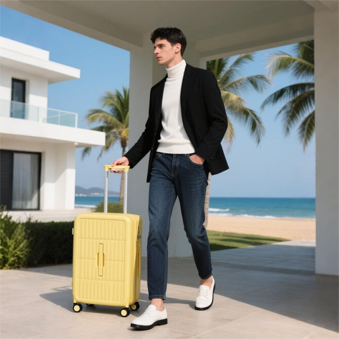 Unisex airline-approved 20" carry-on luggage with durable triple-layer PC shell and spinner wheels.