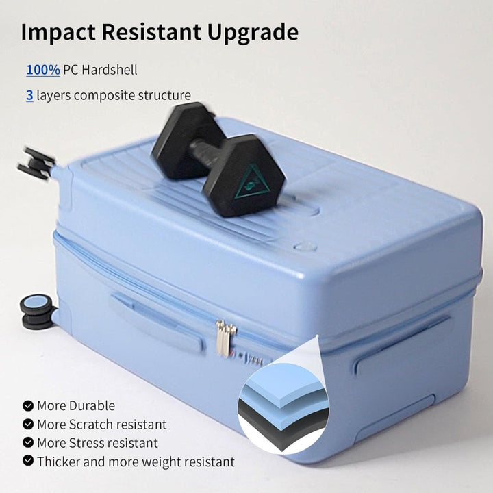 Efficient 20" carry-on with 3:7 split, hardshell, and spinner wheels, making travel organization easy.