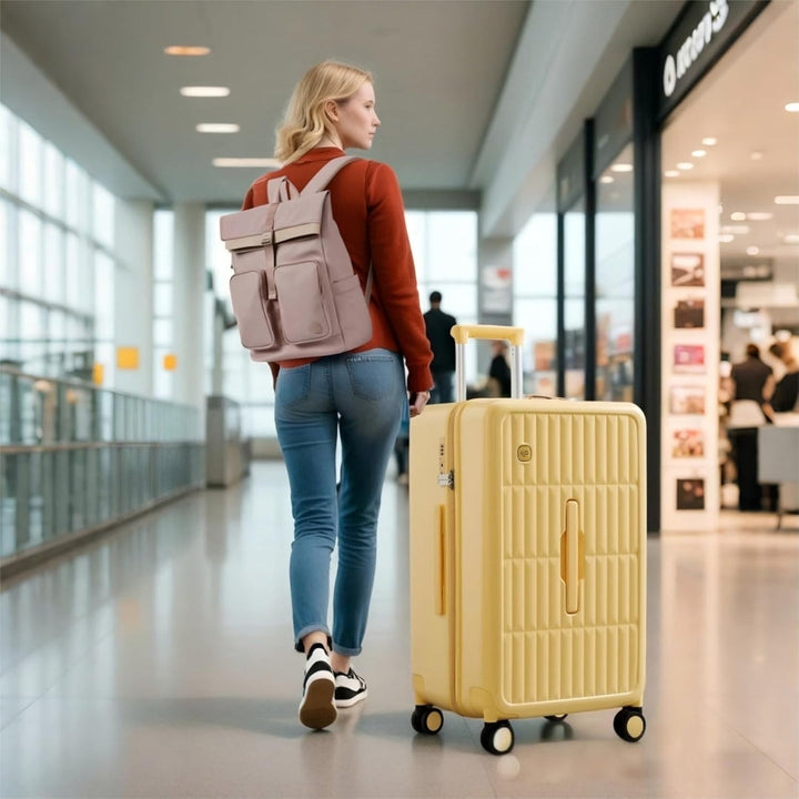 Stylish unisex 20" hardshell carry-on, 3:7 split, triple-layer PC, perfect for travel durability.