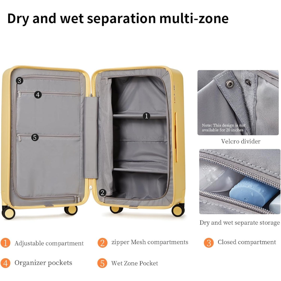 Smooth-rolling 20" spinner carry-on, hardshell, airline-approved, for effortless airport navigation.