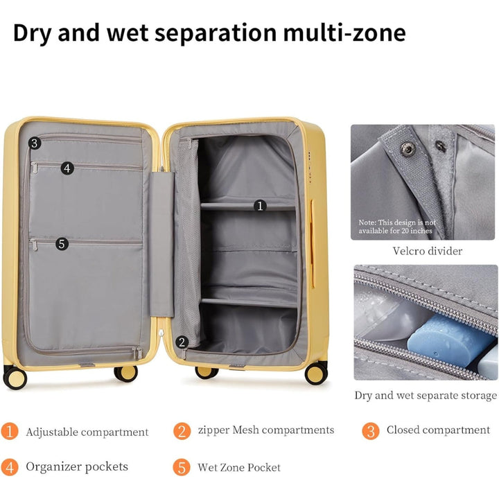 Smooth-rolling 20" spinner carry-on, hardshell, airline-approved, for effortless airport navigation.