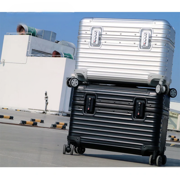 Unisex aluminum hardshell suitcase with secure TSA lock, ideal for durable and elegant travel.