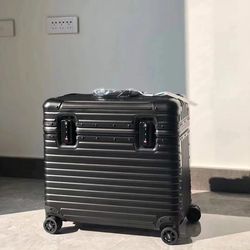 Stylish unisex aluminum hardshell travel bag with TSA lock, suitable for any secure journey.