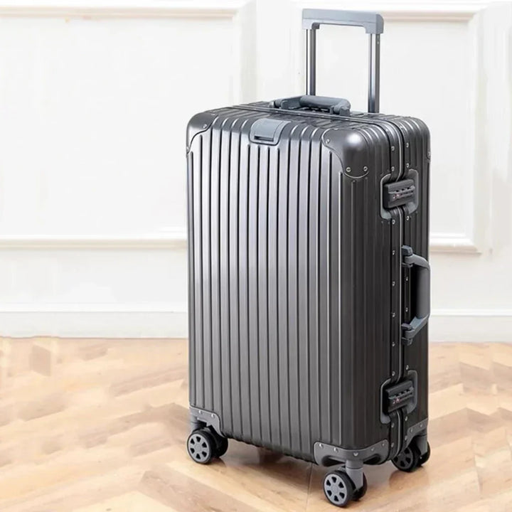 Unisex aluminum-magnesium hard shell travel suitcase, durable and stylish for any vacation.