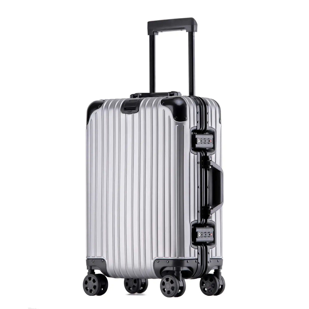Unisex hard shell travel suitcase rolling smoothly on spinner wheels, ready for airport adventures.