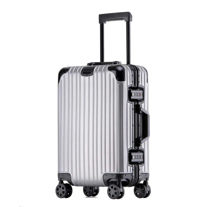 Unisex hard shell travel suitcase rolling smoothly on spinner wheels, ready for airport adventures.
