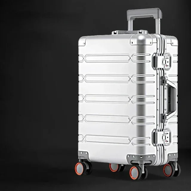 Robust hardshell aluminum-magnesium luggage, protecting travel essentials securely.