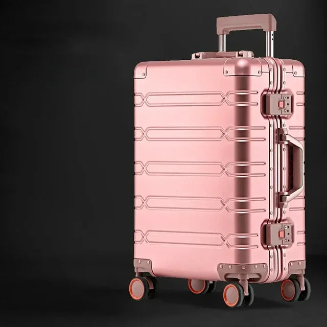 Traveler with a secure unisex aluminum-magnesium hardshell spinner suitcase, ready for adventure.