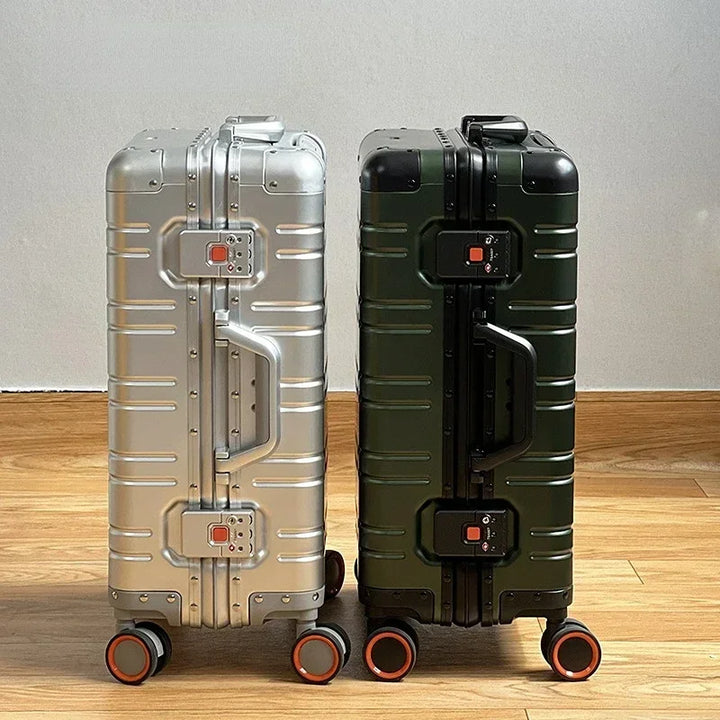 Durable unisex aluminum spinner luggage with magnesium frame, smooth-rolling for easy travel.