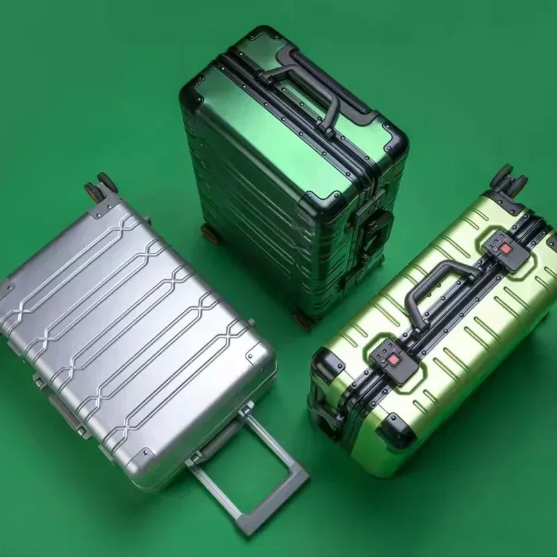 Secure unisex hardshell travel suitcase, robust aluminum-magnesium frame for protection.