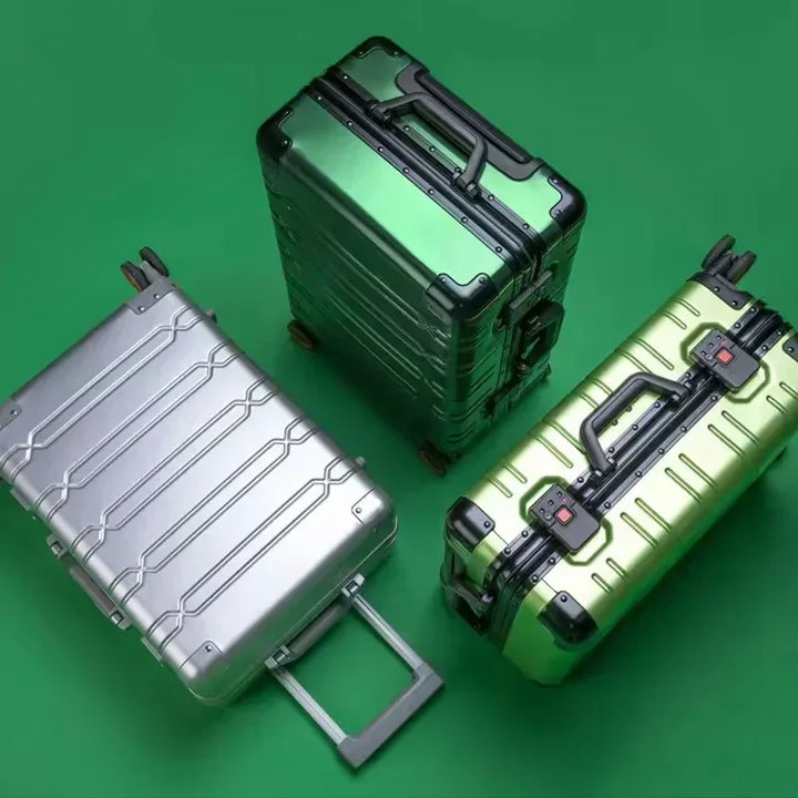Secure unisex hardshell travel suitcase, robust aluminum-magnesium frame for protection.