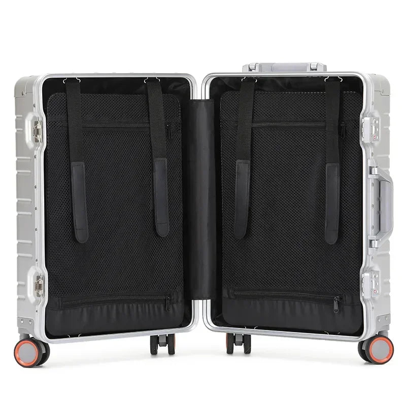 Sleek unisex aluminum-magnesium carry-on luggage, perfect for air travel & short trips.