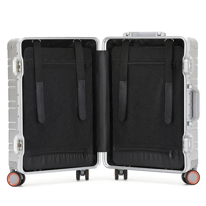 Sleek unisex aluminum-magnesium carry-on luggage, perfect for air travel & short trips.