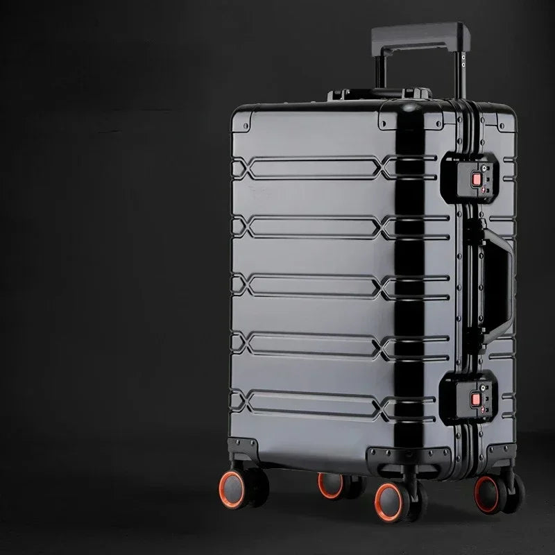 Large unisex hardshell checked luggage, durable aluminum-magnesium for long international journeys.