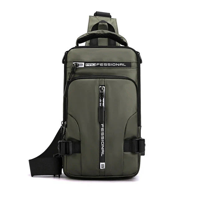 Anti-theft travel bag displaying various hidden compartments & water-resistant exterior.