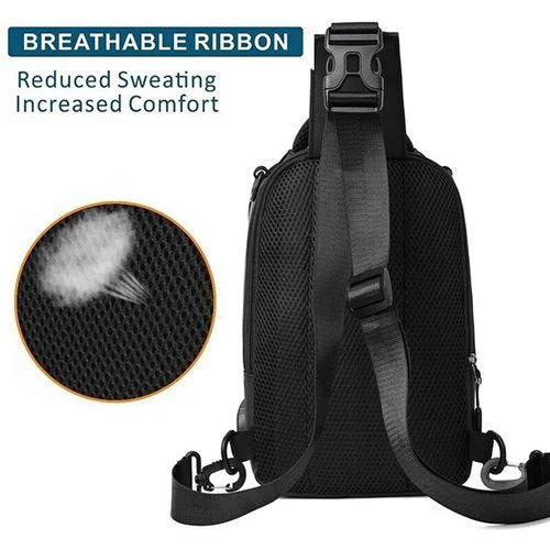 Person wearing a sleek black anti-theft travel backpack, ideal for commuting & secure storage.