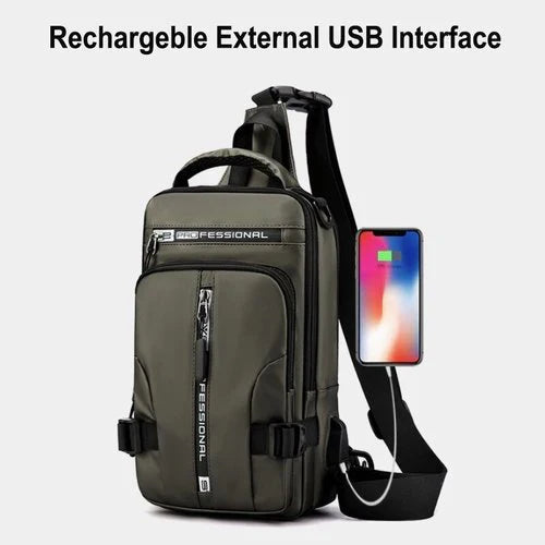 Open anti-theft laptop bag showcasing padded compartment & multiple pockets. Water-resistant.