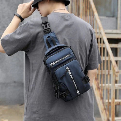 Front view of a modern water-resistant commuter backpack with reflective accents. USB charging.