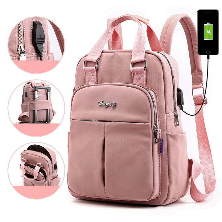 Reinforced top handle on a unisex anti-theft backpack, offering comfortable carrying options for travel.