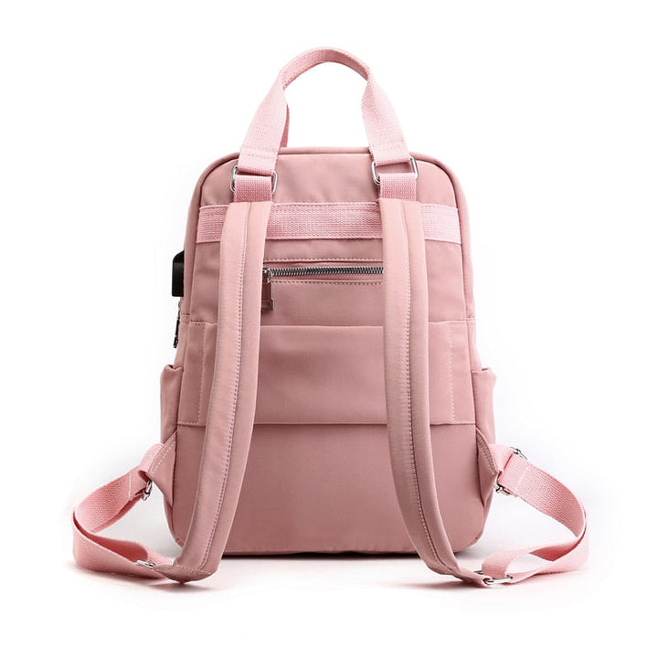 Multi-compartment anti-theft backpack interior, showing secure pockets for passport, phone & valuables.