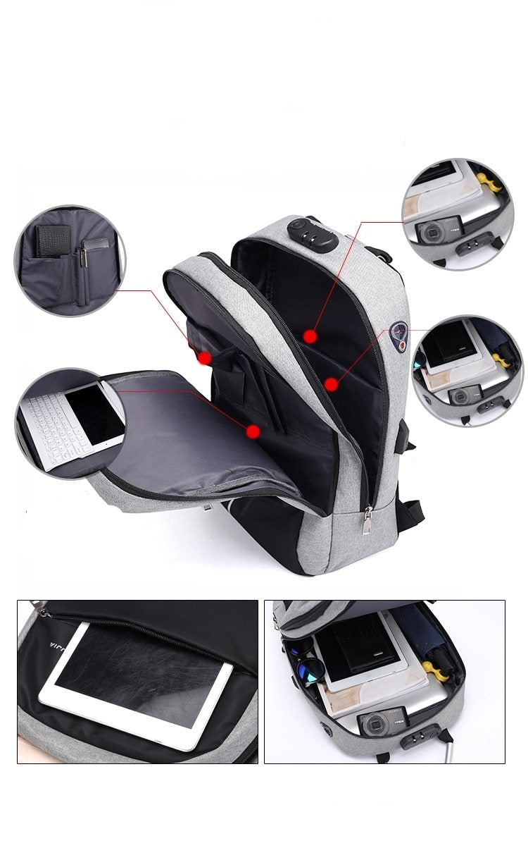 Close-up of the SafeCarry anti-theft backpack's integrated USB charging port, perfect for convenient on-the-go power.