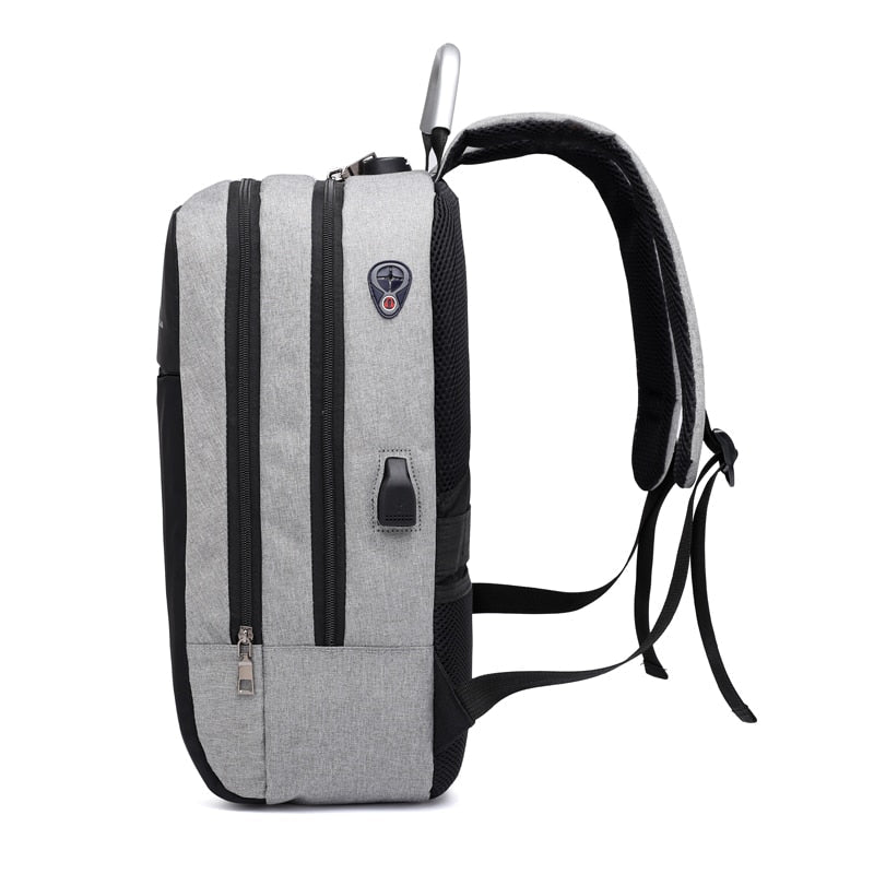 Stylish SafeCarry anti-theft travel backpack worn by a person, ideal for secure urban commuting or international trips.