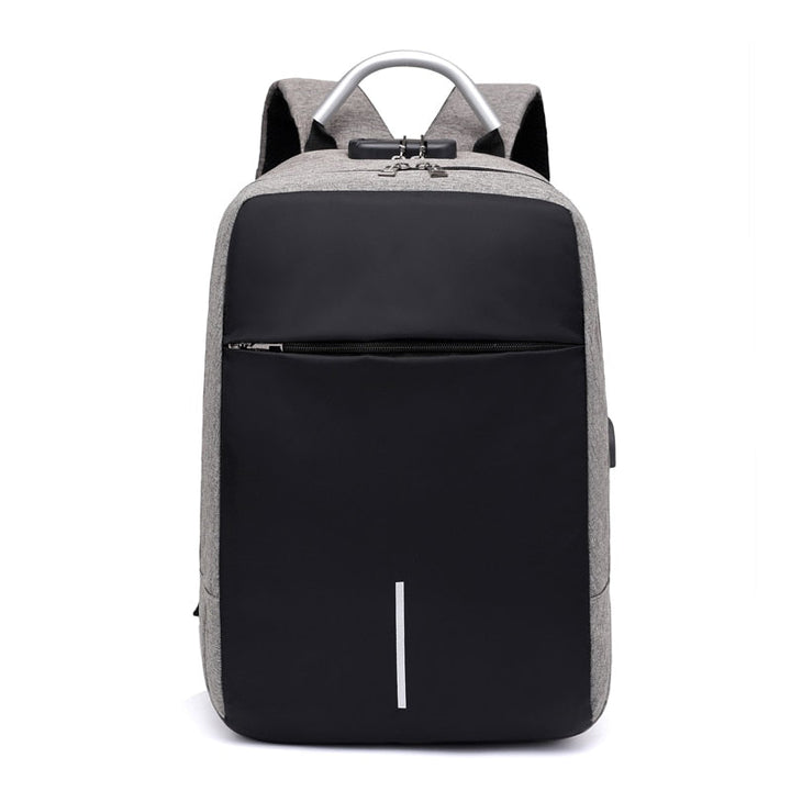 Front view of the sleek SafeCarry anti-theft backpack, a modern design ideal for unisex travel & daily use.