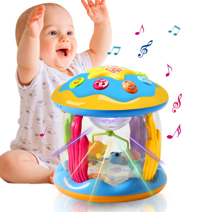 Cute baby musical projector night light casting stars. Soothing light up toy for infant & toddler nursery decor.