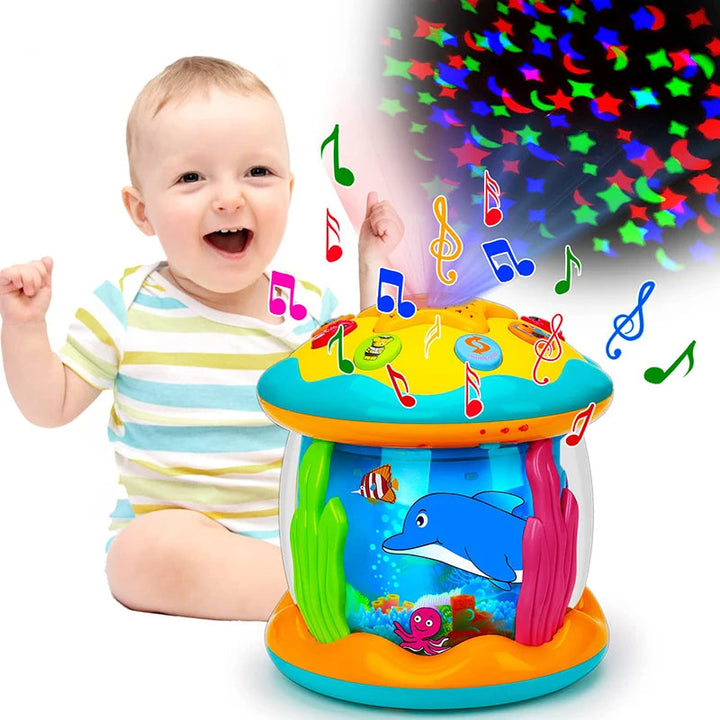 Gift for baby: multi-functional musical projector night light. Sensory light up educational toy for infants.