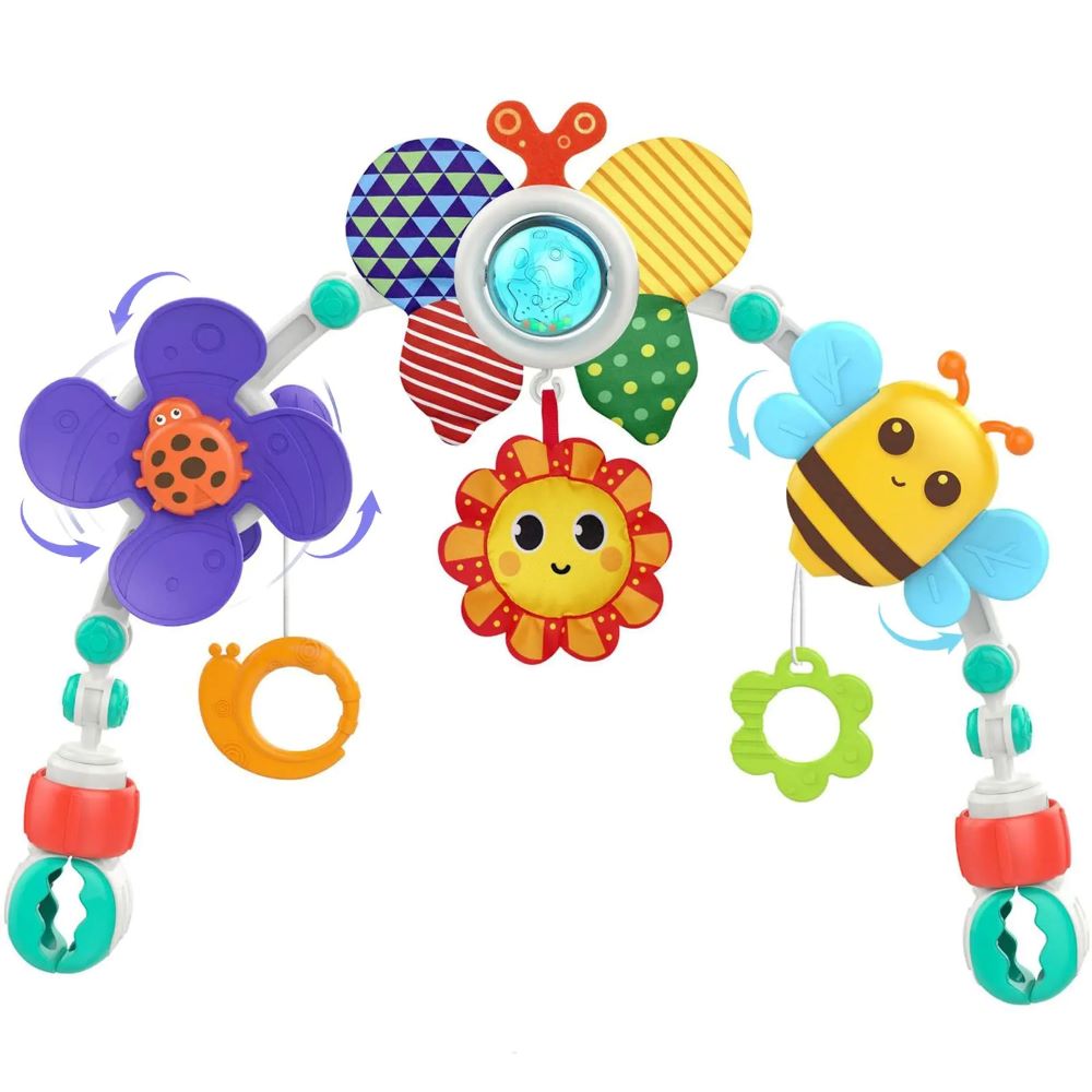 Portable infant & toddler musical sensory arch with rattles & teethers, easily attaches to strollers, car seats, bassinets.