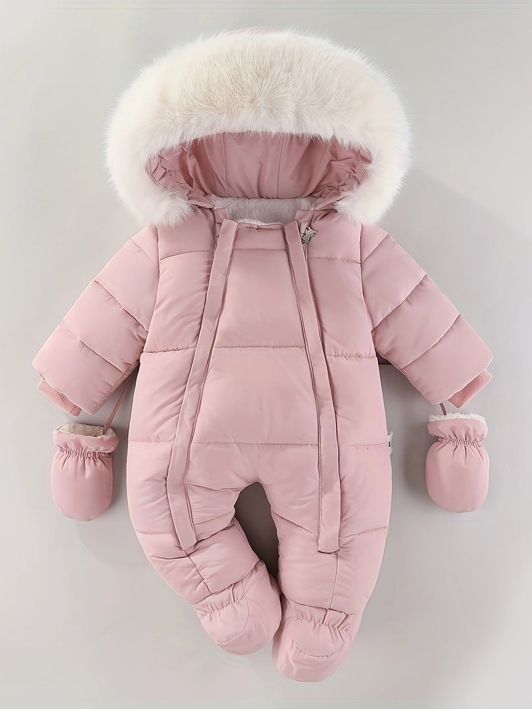 Luxe frosty baby winter romper, super soft hooded jumpsuit for ultimate warmth in cold weather.