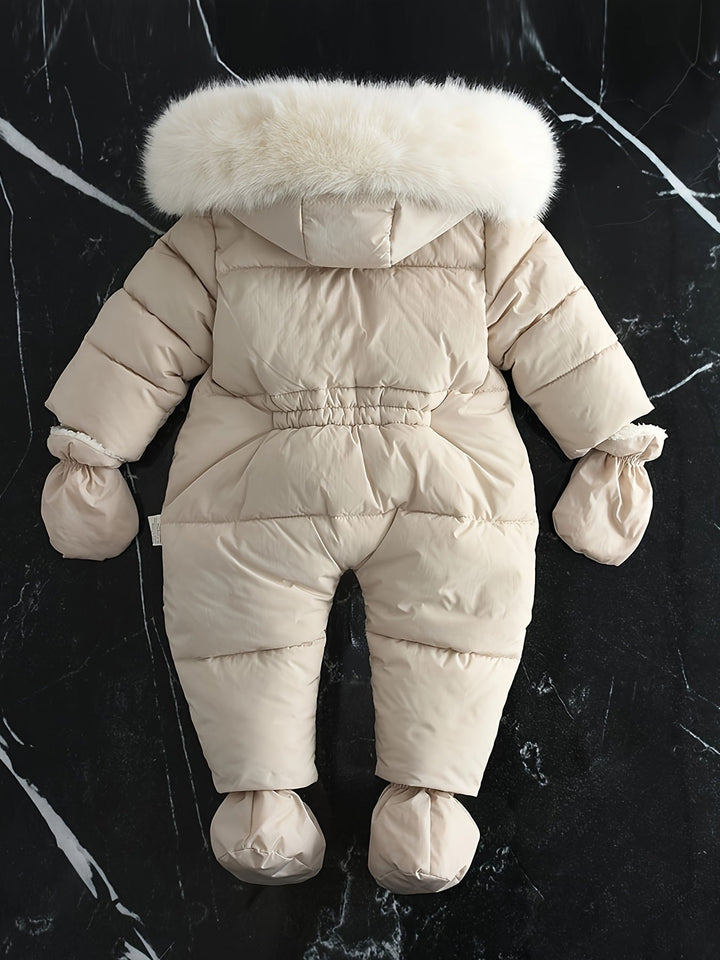 Frosty baby winter jumpsuit, a hooded romper providing maximum warmth for toddlers in cold weather.