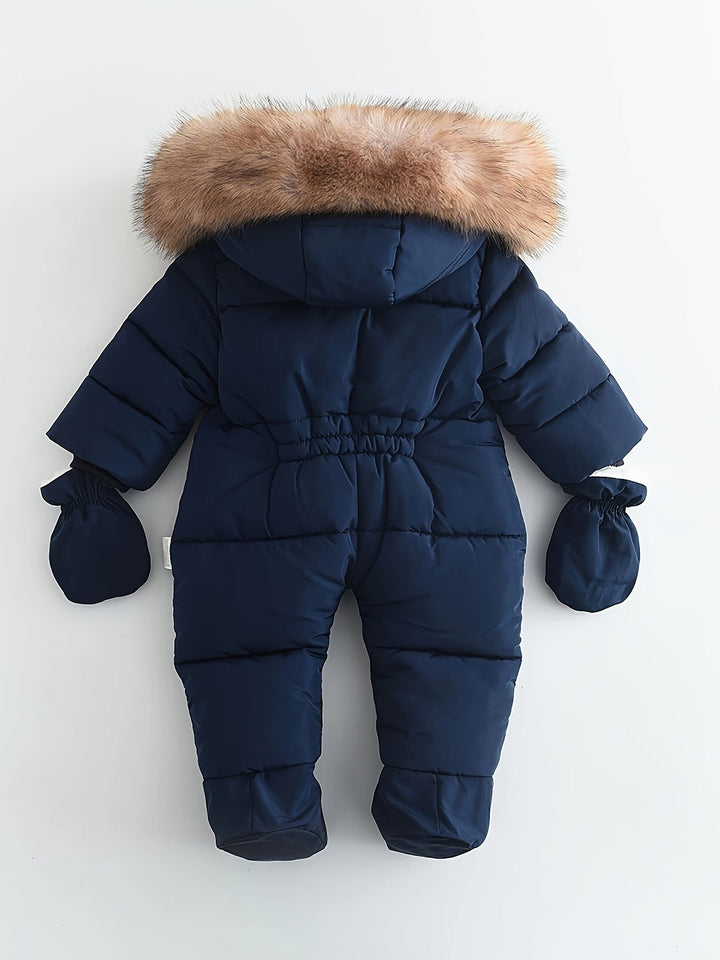 Cozy hooded baby winter romper, ideal warm jumpsuit for infants and toddlers in chilly cold weather.